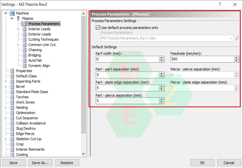 Process parameters ProNest 2019